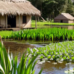 **

"A lush, vibrant wetland scene in a rural Brazilian setting. Aguapés (water hyacinths) and taboas (cattails) fill a clear pond, reflecting the sunlight. Various birds are visible, some wading in the shallows. In the background, a simple rural house with a vegetable garden can be seen, suggesting self-sufficiency and harmony with nature. Focus on the clarity of the water and the biodiversity of the ecosystem. Natural light, realistic details."

**
