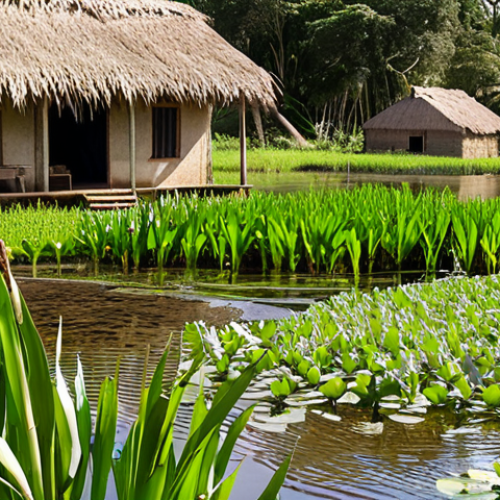 Home 11 **
"A lush, vibrant wetland scene in a rural Brazilian setting. Aguapés (water hyacinths) and taboas (cattails) fill a clear pond, reflecting the sunlight. Various birds are visible, some wading in the shallows. In the background, a simple rural house with a vegetable garden can be seen, suggesting self-sufficiency and harmony with nature. Focus on the clarity of the water and the biodiversity of the ecosystem. Natural light, realistic details."
**