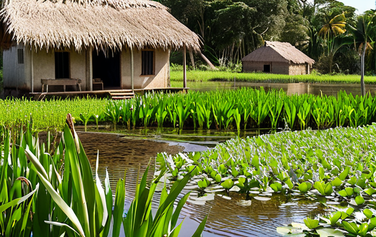 **
"A lush, vibrant wetland scene in a rural Brazilian setting. Aguapés (water hyacinths) and taboas (cattails) fill a clear pond, reflecting the sunlight. Various birds are visible, some wading in the shallows. In the background, a simple rural house with a vegetable garden can be seen, suggesting self-sufficiency and harmony with nature. Focus on the clarity of the water and the biodiversity of the ecosystem. Natural light, realistic details."
**