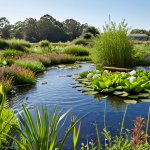 **

> A vibrant constructed wetland, overflowing with aquatic plants, serves as a beautiful water filtration garden in a sunny, rural setting. Show clear, clean water flowing from the system, with local wildlife (birds, insects) thriving nearby. The scene should evoke a sense of ecological harmony and sustainable water management.

**
