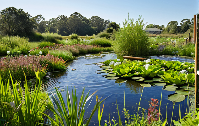 **

> A vibrant constructed wetland, overflowing with aquatic plants, serves as a beautiful water filtration garden in a sunny, rural setting. Show clear, clean water flowing from the system, with local wildlife (birds, insects) thriving nearby. The scene should evoke a sense of ecological harmony and sustainable water management.

**
