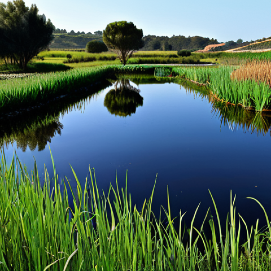 **
"A large, outdoor constructed wetland, lush with reeds and aquatic plants, treating wastewater from a small village in the Portuguese countryside, clear water flowing out, ecological treatment, sustainable water management, safe for work, appropriate content, fully clothed, professional, perfect anatomy, correct proportions, natural pose, high resolution, realistic."
**