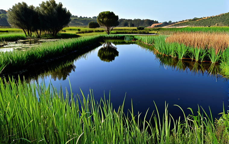 **
"A large, outdoor constructed wetland, lush with reeds and aquatic plants, treating wastewater from a small village in the Portuguese countryside, clear water flowing out, ecological treatment, sustainable water management, safe for work, appropriate content, fully clothed, professional, perfect anatomy, correct proportions, natural pose, high resolution, realistic."
**
