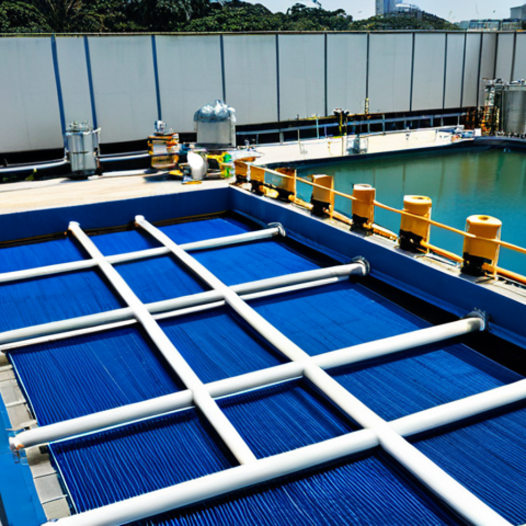 **Membrane Filtration System Installation:** "Modern water treatment plant in São Paulo, Brazil, featuring a cutting-edge membrane filtration system, fully clothed engineers inspecting the equipment, appropriate content, safe for work, professional setting, perfect anatomy, natural proportions, high quality."