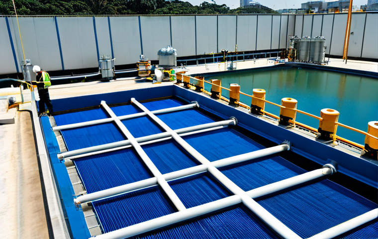 **Membrane Filtration System Installation:** "Modern water treatment plant in São Paulo, Brazil, featuring a cutting-edge membrane filtration system, fully clothed engineers inspecting the equipment, appropriate content, safe for work, professional setting, perfect anatomy, natural proportions, high quality."