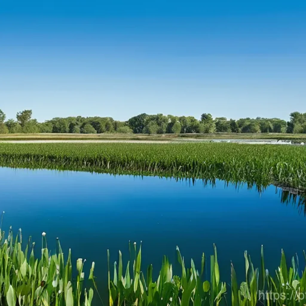 자연형 물 정화 시스템을 통한 농업용수 관리 - **Constructed Wetland: Nature's Green Filter**
A vibrant, sun-drenched agricultural landscape fe...