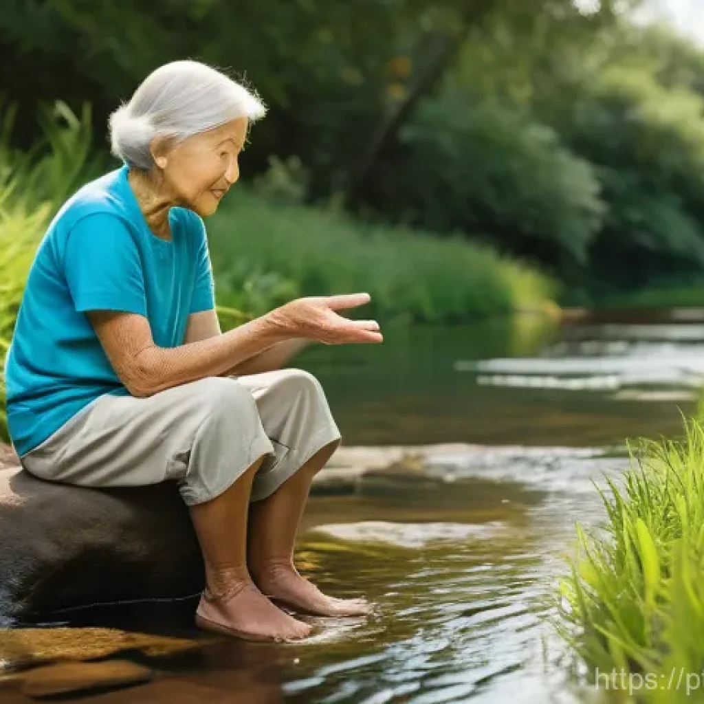 자연형 물 정화 시스템의 지역사회 교육 프로그램 개발 - **Prompt:** A serene and heartwarming scene depicting intergenerational wisdom. An elderly person, p...