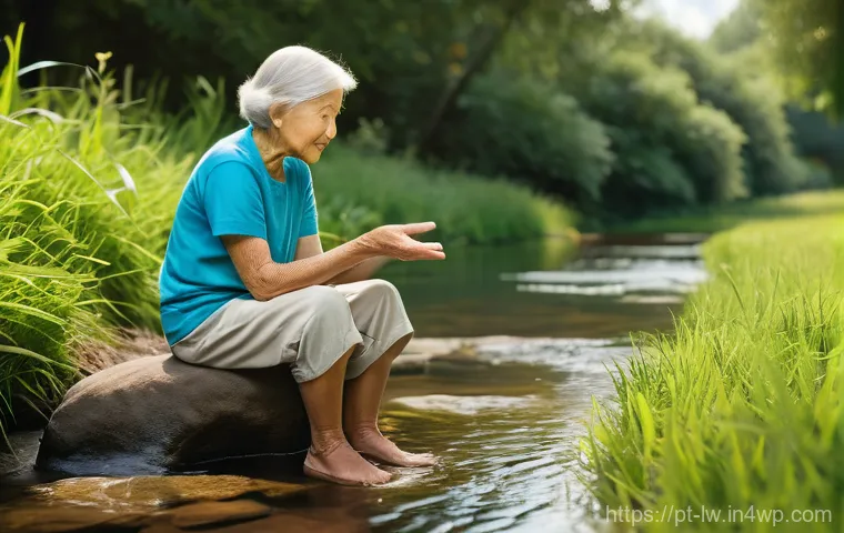 자연형 물 정화 시스템의 지역사회 교육 프로그램 개발 - **Prompt:** A serene and heartwarming scene depicting intergenerational wisdom. An elderly person, p...