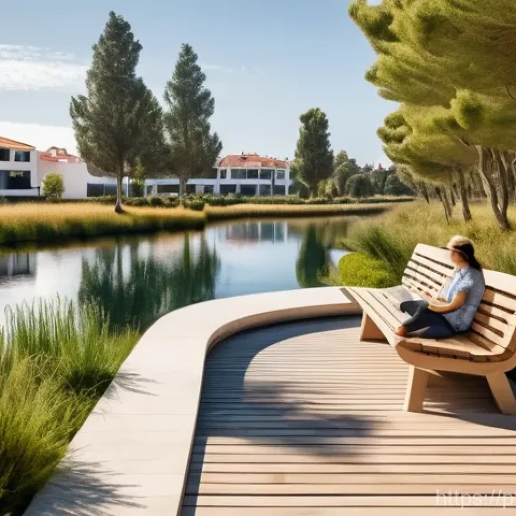 자연형 물 정화 시스템의 수익성 분석 - **Prompt:** A picturesque, high-value residential area in a sunny region of Portugal, featuring eleg...