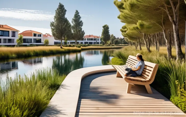 자연형 물 정화 시스템의 수익성 분석 - **Prompt:** A picturesque, high-value residential area in a sunny region of Portugal, featuring eleg...