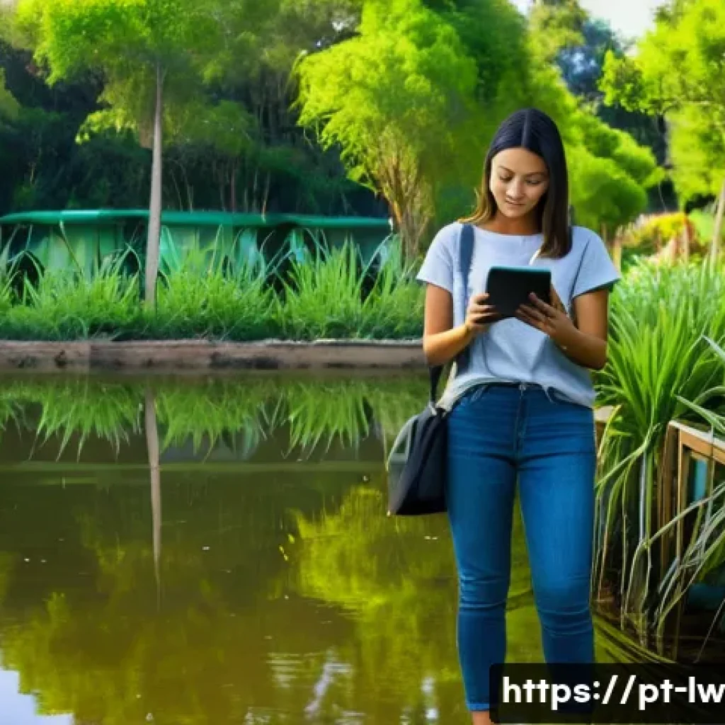 자연형 물 정화 시스템에서의 데이터 수집 및 분석 방법 - **Prompt:** A serene, sunlit constructed wetland in a Portuguese urban park, featuring lush native v...