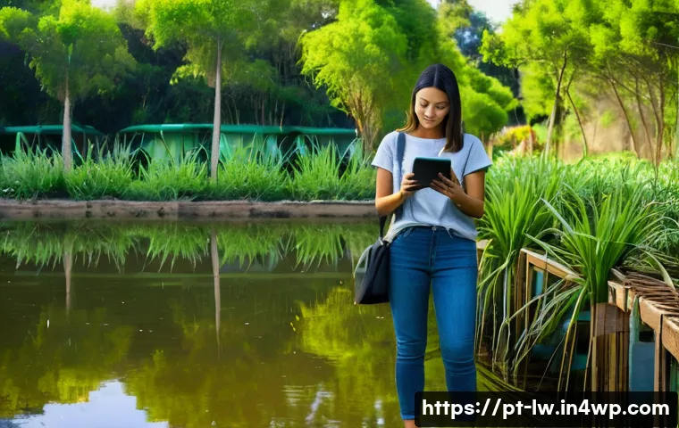 자연형 물 정화 시스템에서의 데이터 수집 및 분석 방법 - **Prompt:** A serene, sunlit constructed wetland in a Portuguese urban park, featuring lush native v...