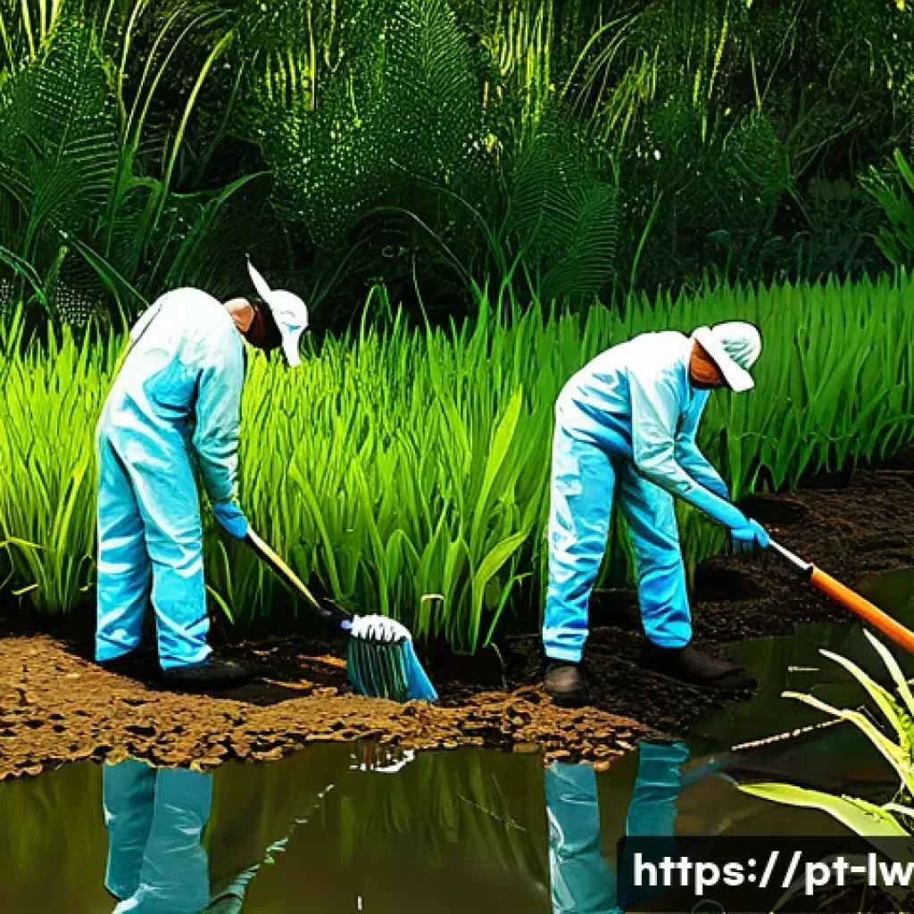 자연형 물 정화 시스템의 연간 운영 비용 예측 - A detailed illustration of a natural water purification system maintenance scene in Brazil, showing ...