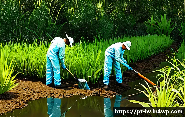 자연형 물 정화 시스템의 연간 운영 비용 예측 - A detailed illustration of a natural water purification system maintenance scene in Brazil, showing ...