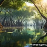 Home 22 자연형 물 정화 시스템과 자원 재활용의 중요성 - A vibrant, detailed illustration of a Brazilian mangrove wetland at sunrise, showcasing dense green ...