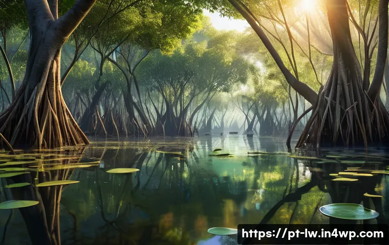 자연형 물 정화 시스템과 자원 재활용의 중요성 - A vibrant, detailed illustration of a Brazilian mangrove wetland at sunrise, showcasing dense green ...