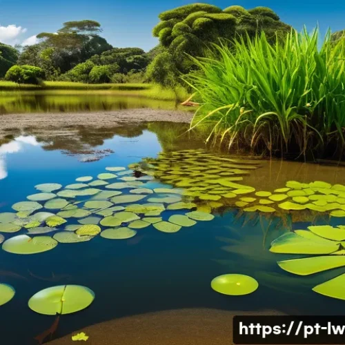 Home 33 자연형 물 정화 시스템의 설치 후 효과 관찰 - A vibrant natural water purification system situated in a Brazilian rural landscape, featuring clear...