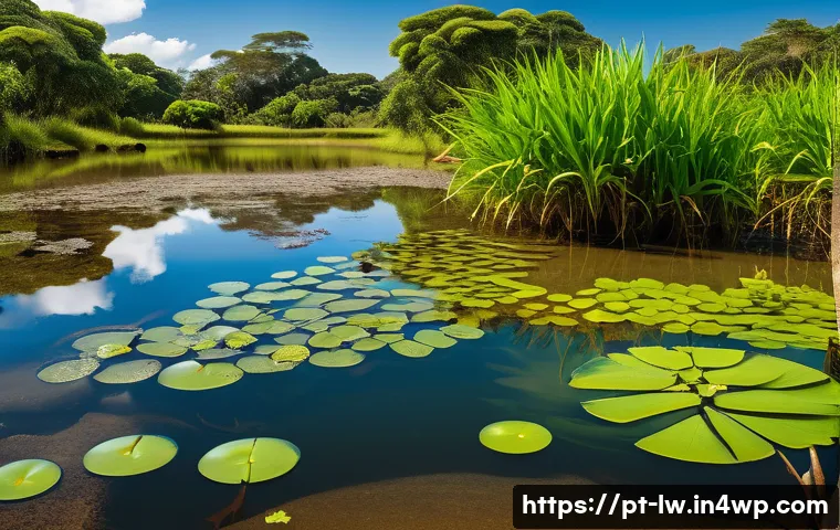 자연형 물 정화 시스템의 설치 후 효과 관찰 - A vibrant natural water purification system situated in a Brazilian rural landscape, featuring clear...