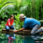 Home 19 자연형 물 정화 시스템의 설치 후 지속적 관리 방안 - A detailed scene of a family in a Brazilian home garden using a modern water testing kit to check th...
