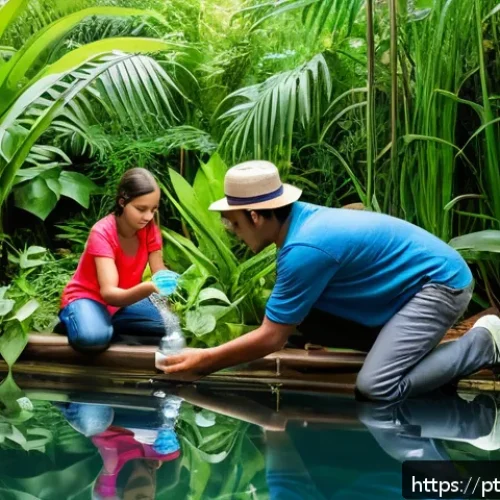 Home 31 자연형 물 정화 시스템의 설치 후 지속적 관리 방안 - A detailed scene of a family in a Brazilian home garden using a modern water testing kit to check th...