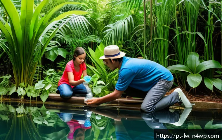 자연형 물 정화 시스템의 설치 후 지속적 관리 방안 - A detailed scene of a family in a Brazilian home garden using a modern water testing kit to check th...