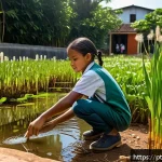 Home 23 자연형 물 정화 시스템의 환경 교육적 가치 - A vibrant school garden featuring a natural water purification system with clear water flowing throu...