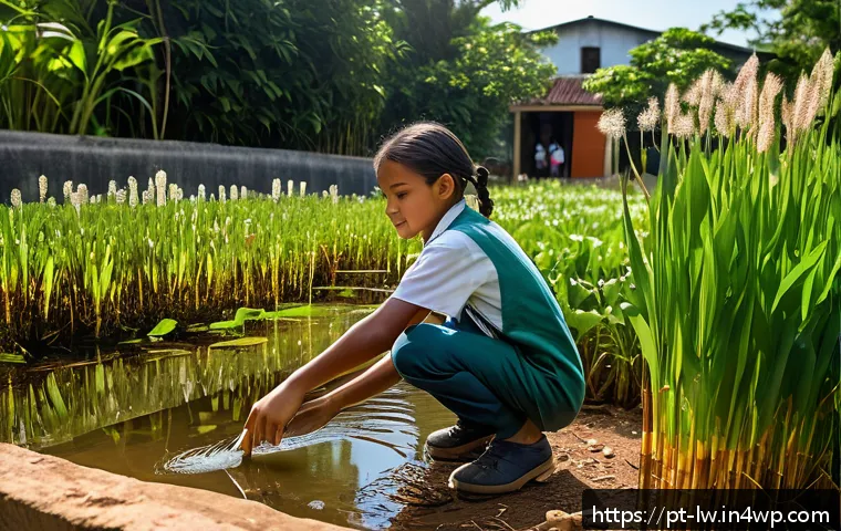 자연형 물 정화 시스템의 환경 교육적 가치 - A vibrant school garden featuring a natural water purification system with clear water flowing throu...